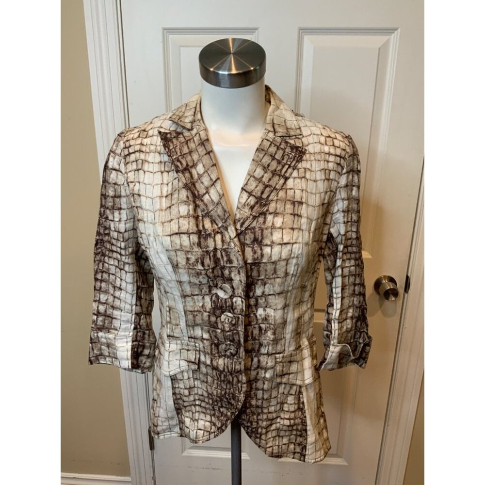 Alberto Makali Brown & Cream Crocodile Print Blazer W/Lace & Beaded Back, Size 6